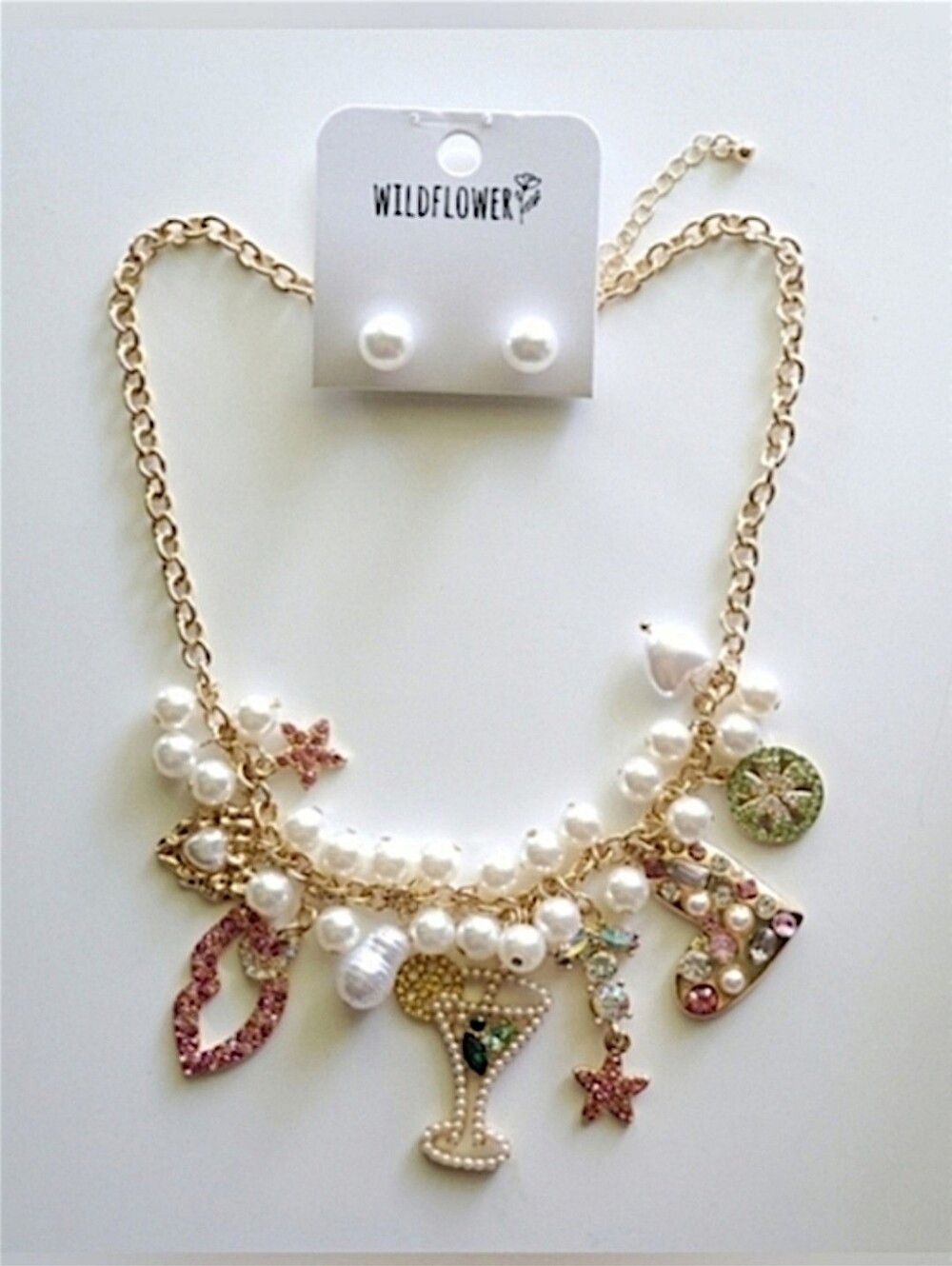 Novelty Charm Necklace - Rhinestones & Pearl Drops & Baubles